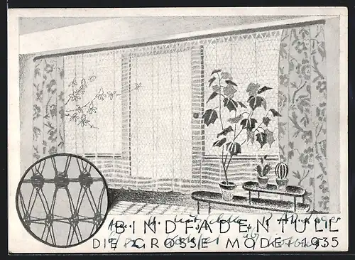 AK Reklame für Bindfadentüll, Die grosse Mode 1935, Fenster mit Gardinen