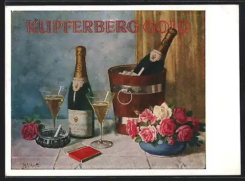 AK Kupferberg Gold, Champagnerflaschen mit Gläsern und Blumenvase
