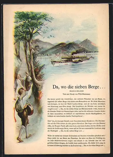 AK Liedkarte Da, wo die sieben Berge... Marschlied, Dampfer auf dem Rhein, Ostermann-Verlag, Köln