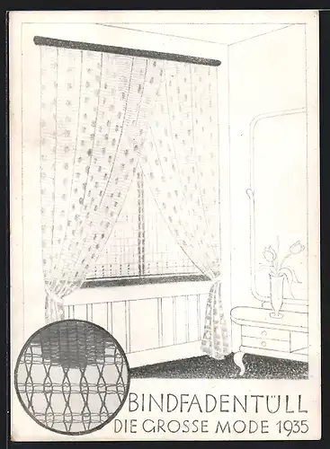 AK Reklame für Bindfadentüll, Die grosse Mode 1935, Fenster mit Gardine