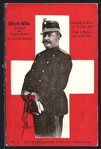 AK Schweizer General Ulrich Wille in Uniform vor weissem Kreuz