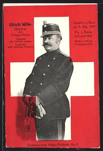 AK Schweizer General Ulrich Wille in Uniform vor weissem Kreuz