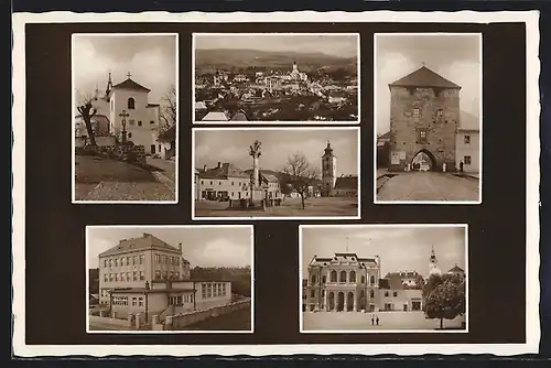 AK Krupina, Gesamtansicht, Kirche, Strassenpartie mit Tor, Marktplatz und grosses Gebäude