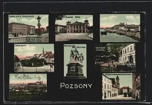 AK Pozsony, Bahnhof, Krönungshügelplatz, Maria Theresia Denkmal, Franziskanerplatz mit Rathaus, Ortsansicht
