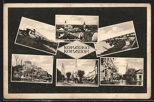 AK Komárom, Ortsansicht, Flusspartie, Strassenpartie und Blick zur Kirche