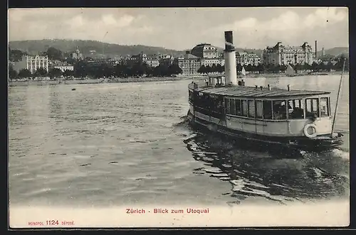 AK Zürich, Blick zum Utoquai, Seepartie mit Dampfer