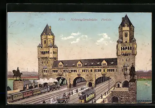 AK Köln, Hohenzollernbrücke, Strassenbahn und Eisenbahn