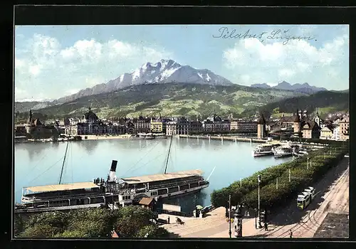 AK Luzern, Pilatus, Ortsansicht mit Wasser und Strassenbahn