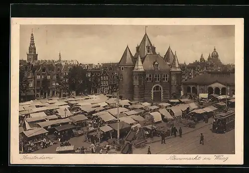 AK Amsterdam, Nieuwmarkt met Waag und Strassenbahn