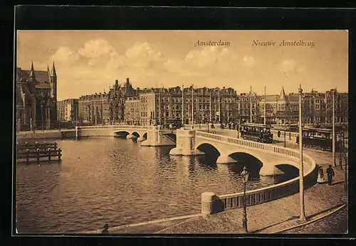 AK Amsterdam, Nieuwe Amstelbrug, Strassenbahn