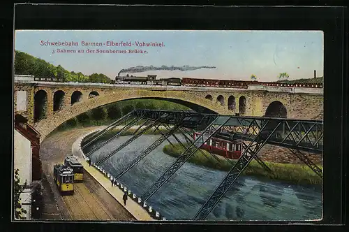 AK Elberfeld, Schwebebahn, Eisenbahn und Strassenbahn an der Sonnborner Brücke