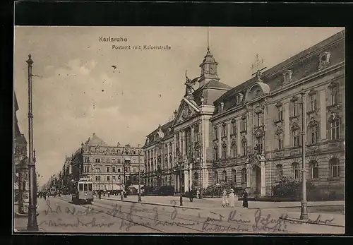 AK Karlsruhe, Kaiserstrasse mit Postamt und Strassenbahnen
