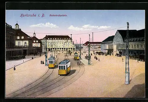 AK Karlsruhe i. B., Bahnhofsplatz mit Strassenbahnen