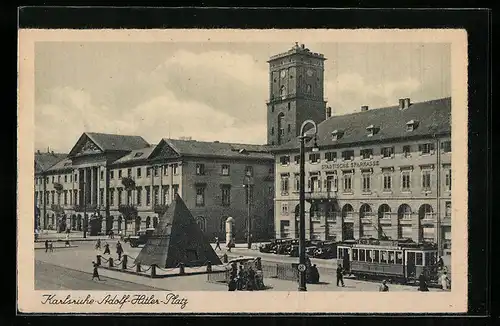 AK Karlsruhe, Platz, Strassenbahn