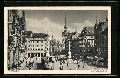 AK München, Strassenbahn auf dem Marienplatz, Auskunftei W. Schimmelpfeng