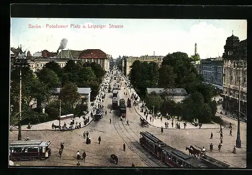 AK Berlin, Potsdamer Platz und Leipziger Strasse mit Strassenbahn