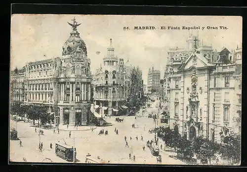 AK Madrid, El Fenix Espanol y Gran Via, Strassenbahn