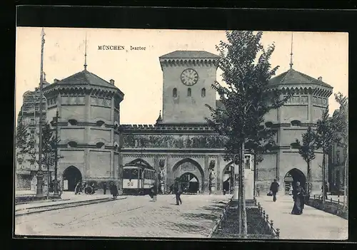 AK München, Isartor mit Strassenbahn