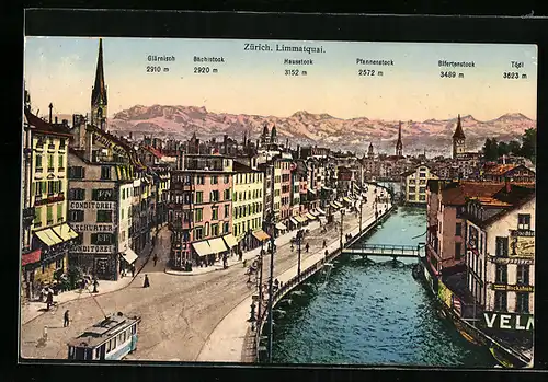 AK Zürich, Limmatquai mit Alpen und Strassenbahn