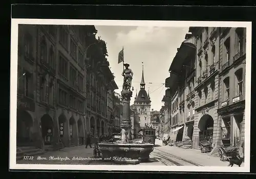 AK Bern, Marktgasse, Schützenbrunnen mit Strassenbahn