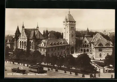 AK Zürich, Musee Nationale, Strassenbahn