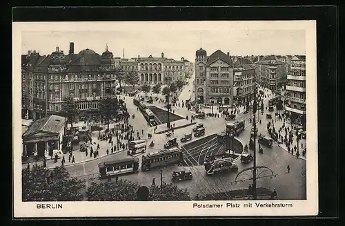 AK Berlin, Potsdamer Platz mit Verkehrsturm und Strassenbahnen