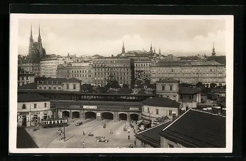 AK Brünn, Teilansicht mit Strassenbahn