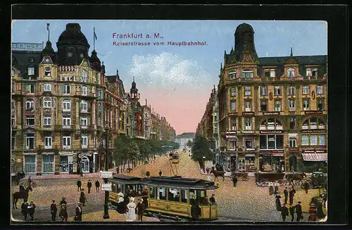 AK Frankfurt, Kaiserstrasse vom Hautbahnhof, Strassenbahn