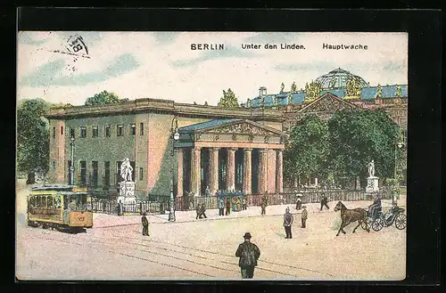 Lithographie Berlin, Unter den Linden, Hauptwache, Strassenbahn