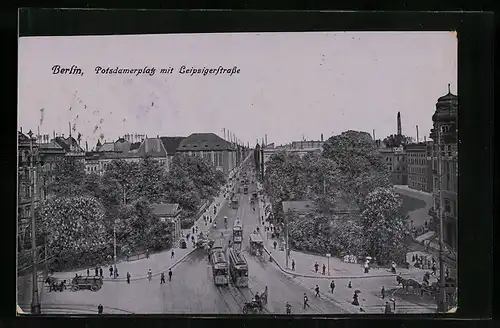 AK Berlin, Potsdamerplatz und Leipzigerstrasse mit Strassenbahnen