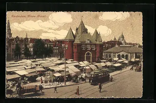 AK Amsterdam, Nieuw Markt, Strassenbahn