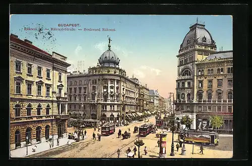 AK Budapest, Blick auf die Rakoczi-Strasse mit Strassenbahn