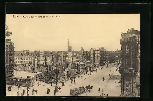 AK Lille, Marche aux Poulets et Rue Faidherbe, Strassenbahn