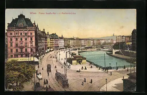 AK Wien, Franz Josefs-Kai und Marienbrücke mit Strassenbahn