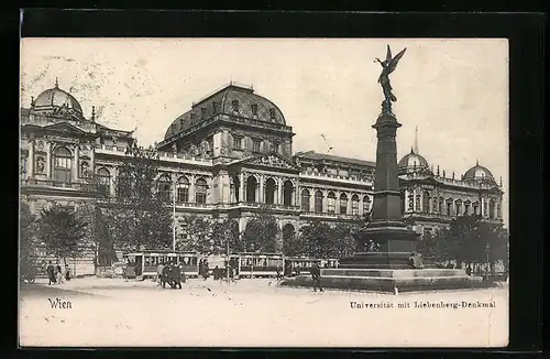 AK Wien, Universität mit Liebenberg-Denkmal und Strassenbahn