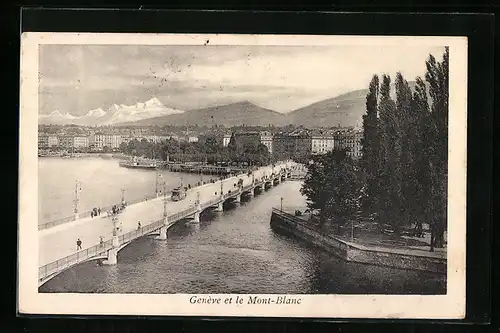 AK Geneve, Ortsansicht mit Mont-Blanc, Strassenbahn