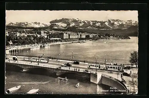 AK Zürich, Utoquai und Quaibrücke mit Strassenbahn