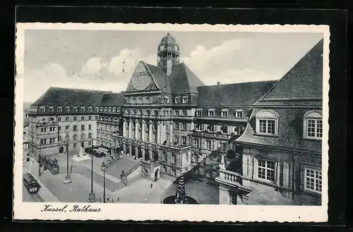 AK Kassel, Rathaus mit Strassenbahn