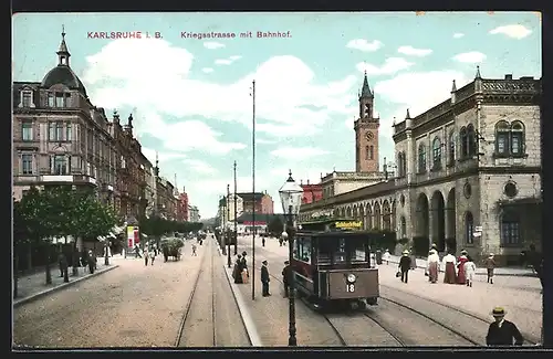 AK Karlsruhe, Blick auf Kriegsstrasse mit Bahnhof, Strassenbahn