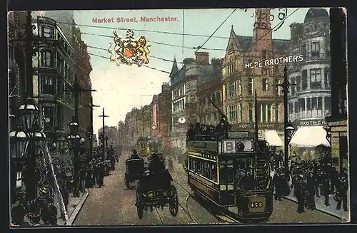 AK Manchester, Market Street, Strassenbahn