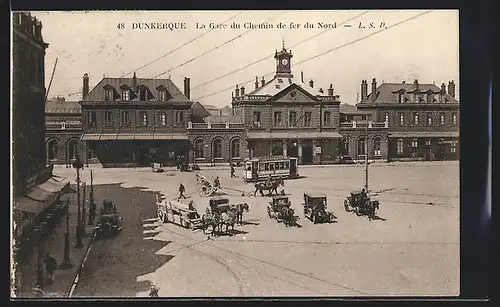 AK Dunkerque, La Gare du Chemin de fer du Nord, Strassenbahn
