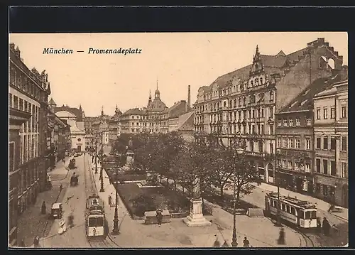 AK München, Promenadenplatz mit Strassenbahnen
