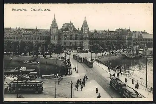 AK Amsterdam, Centraalstation, Strassenbahn