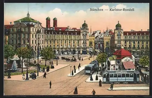 AK München, Blick auf das Karlstor-Rondell mit Strassenbahn