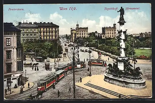 AK Wien, Praterstern mit Tegetthoff-Munument und Strassenbahnen