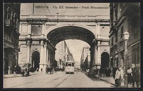 AK Genova, Via XX Settembre, Ponte Monumentale, Strassenbahn