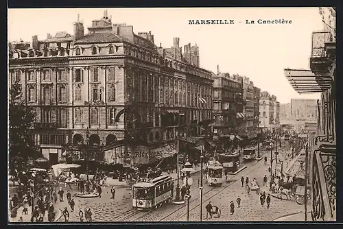 AK Marseille, La Canebière, Strassenbahn