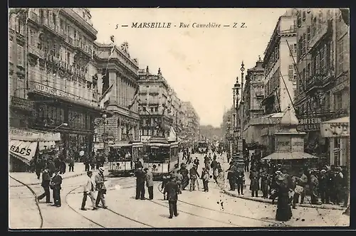 AK Marseille, Rue Cannebiere, Strassenbahn, Coiffeur, Tabacs