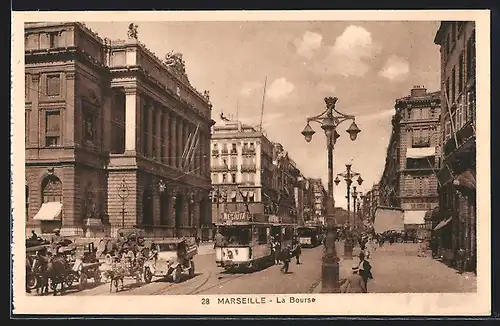 AK Marseille, La Bourse, Strassenbahn