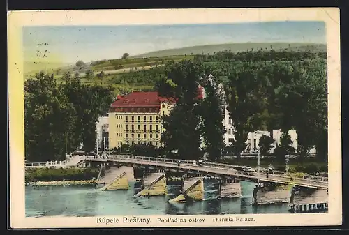 AK Kúpele Piestany, Pohl`ad na ostrov, Thermia Palace